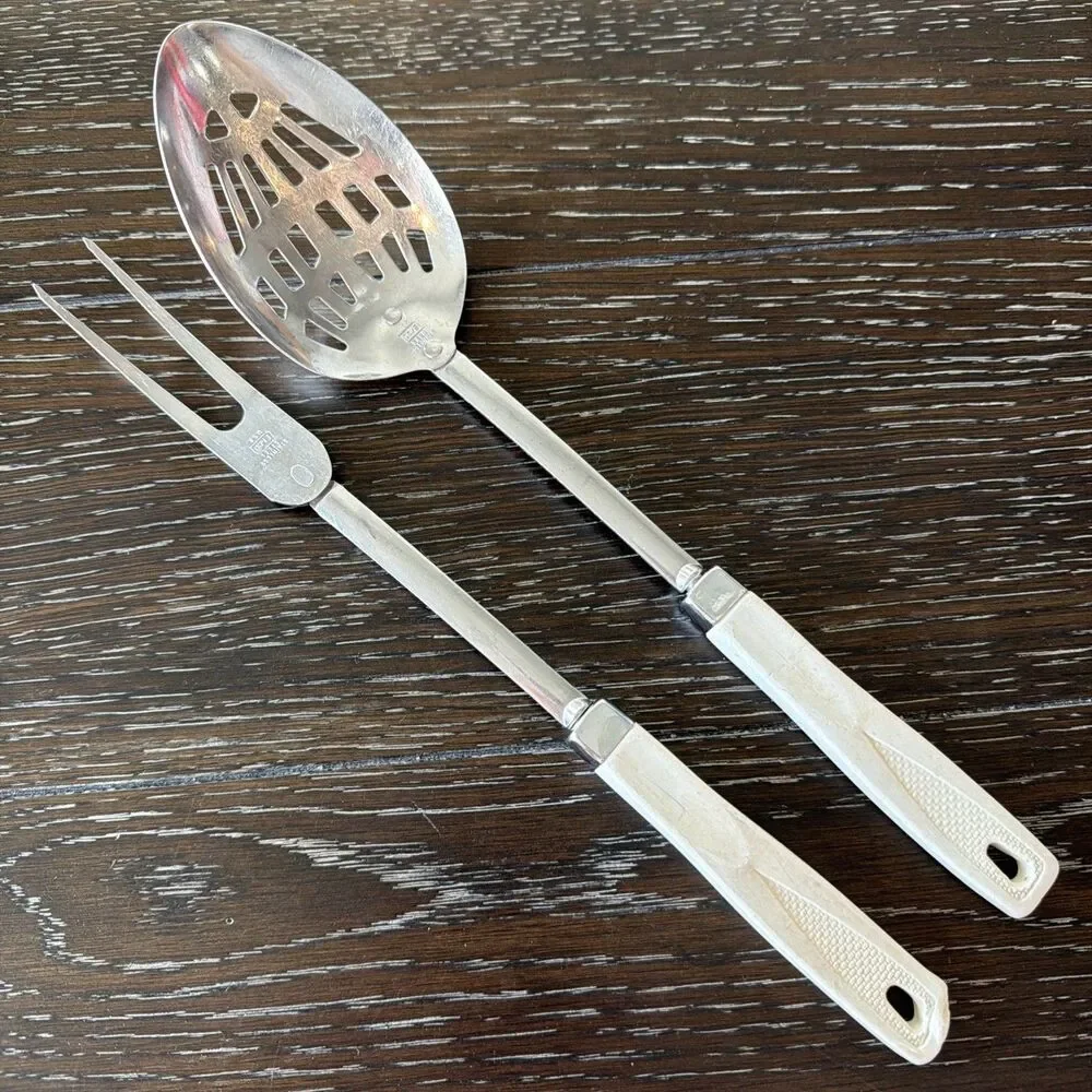 Vintage Ecko Stainless Steel Slotted Spoon And Meat Fork White Handles